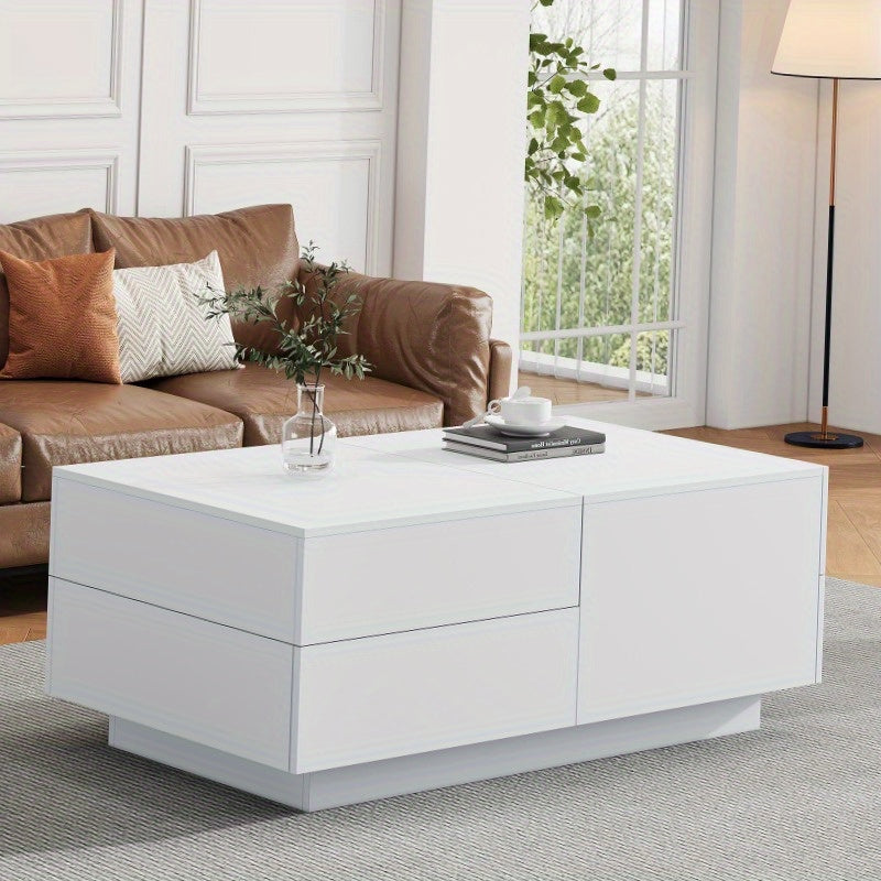 Salontafel – Koffietafel – Tafel – Woonkamertafel – Lounge tafel – Schuifblad – 4 Lades – Modern Wit – Compact 90x55x45 cm