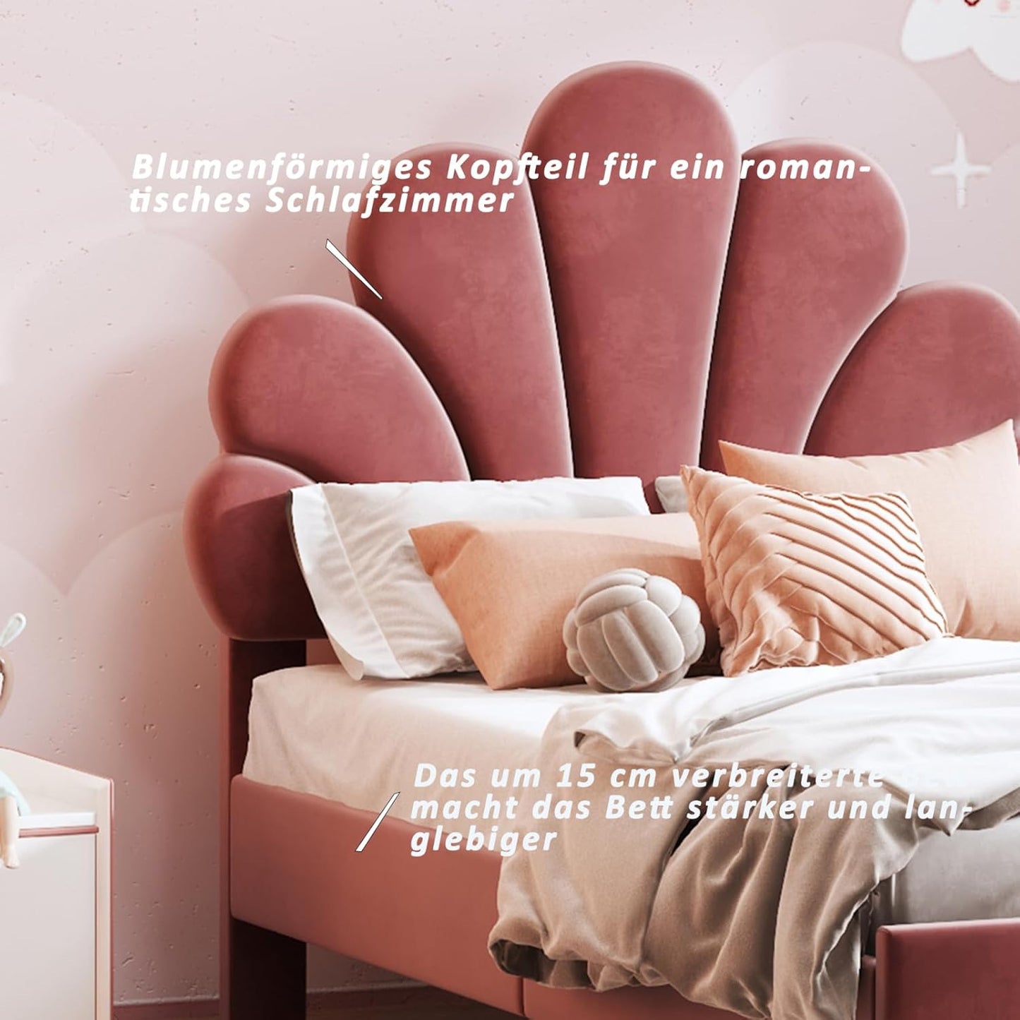 Eenpersoonsbed – Bedframe – Jongerenbed – Logeerbed – Kinderbed – Roze Fluwelen Hoofdbord – Stevig MDF Frame – 90x200 cm