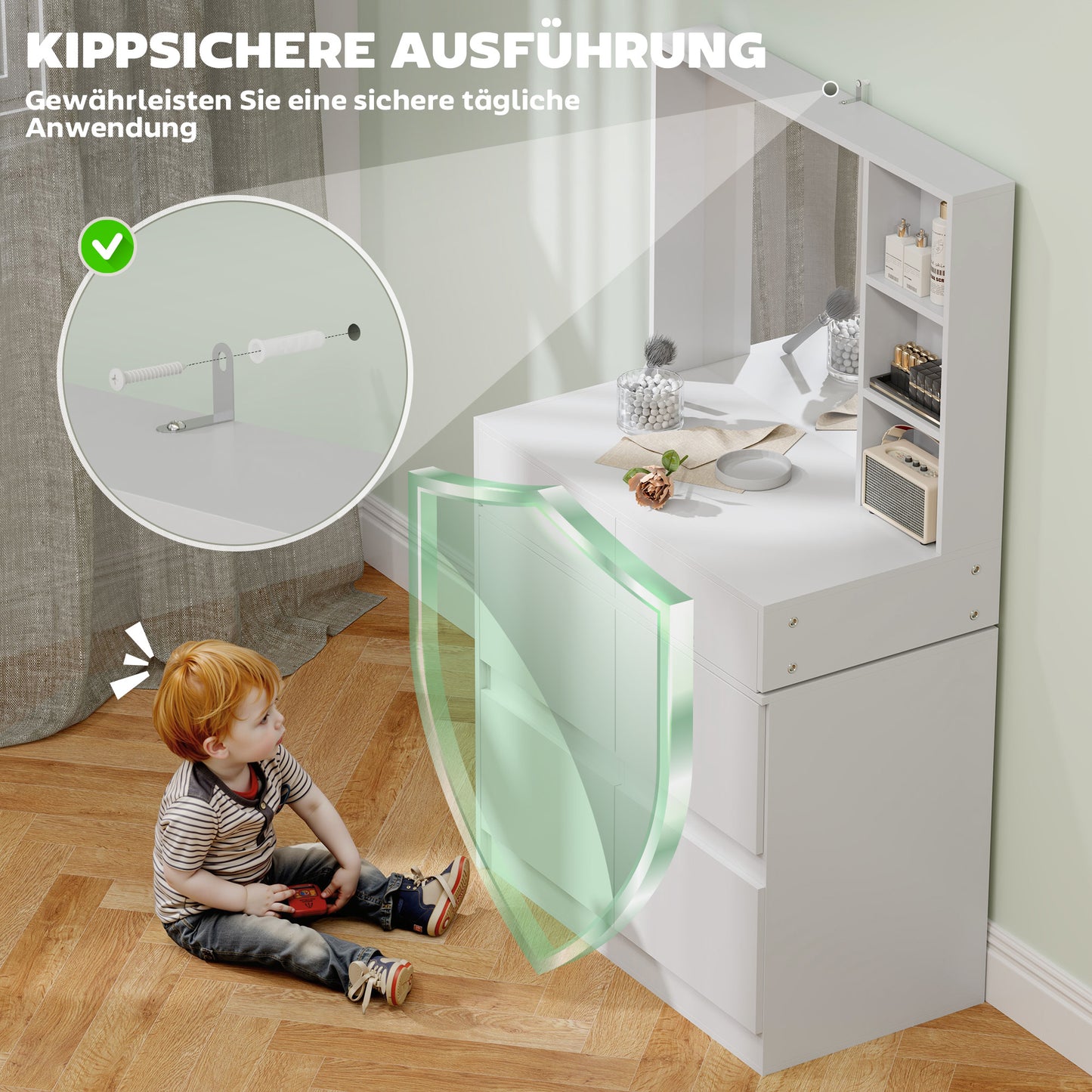 Make-Up Tafel – Schminktisch – Kaptafel – Vanity Table – Dressing Table – Wit – Grote Spiegel – 4 Lades en Veel Opbergruimte