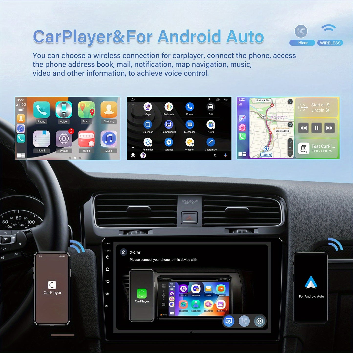 [4GB+64GB] Android 15.0 Double Din Car Stereo with Wireless CarPlay, Android Auto, GPS Navigation, 22.86cm IPS Touchscreen, Quad-Core Processor, Built-in DSP, Wireless, for Cars, Trucks, SUVs - Aftermarket Automotive Head Uni