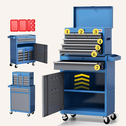 Toolkast – Gereedschapskast – Werkplaatskast – Ladekast – Opbergkast – 7 Laden – Slot – Zware Kogellagers – Mobiel – Stalen Frame – Blauw-Grijs