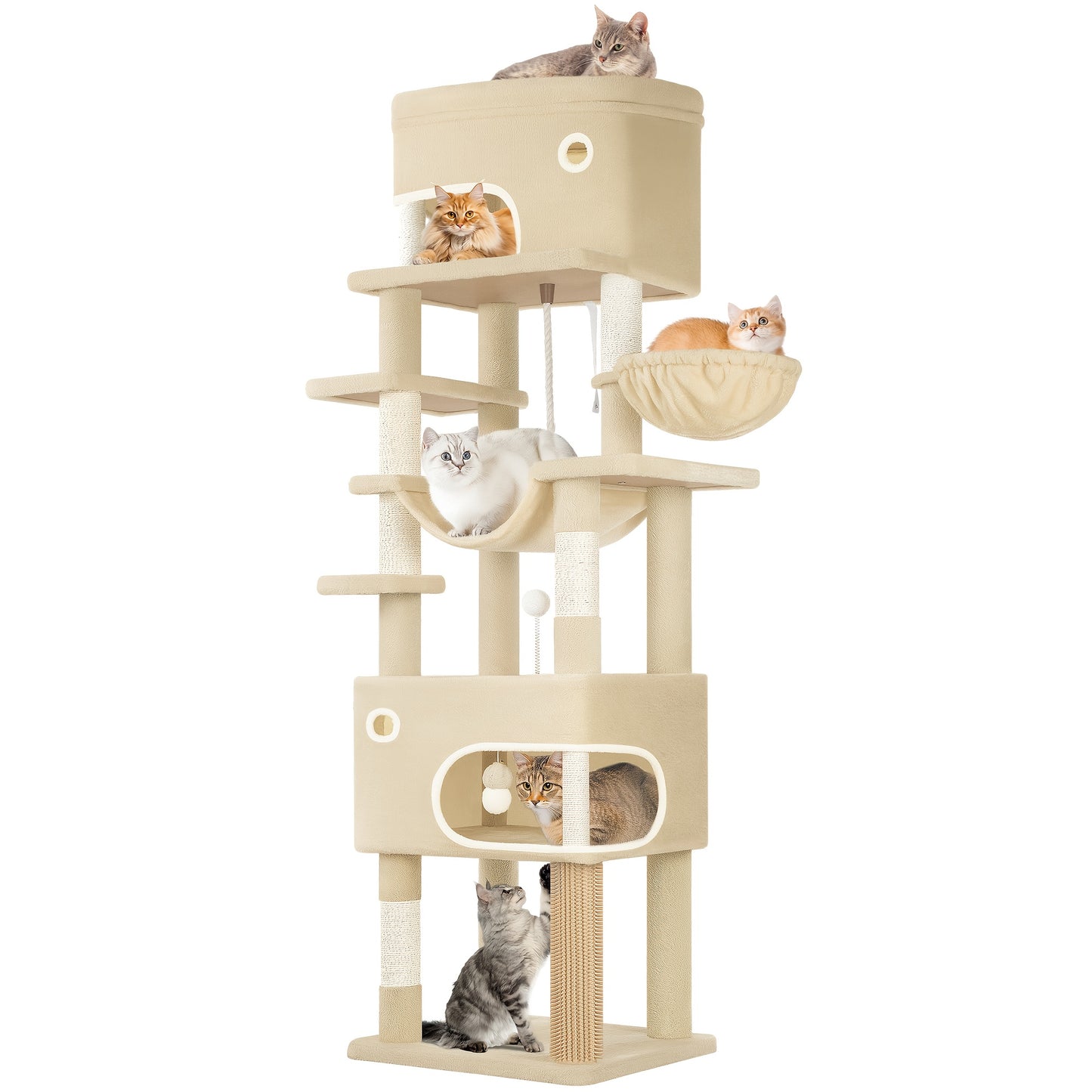 Kattenboom – Krabpaal – Klimpaal – Kattenhuis – Kattenmeubel – Beige Kleur – 203 cm Hoog – 7 Sisal Krabpalen & 2 Ruime Holletjes