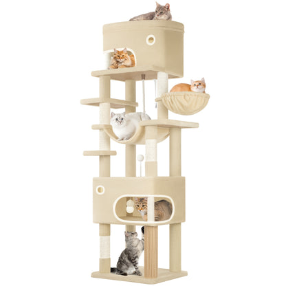 Kattenboom – Krabpaal – Klimpaal – Kattenhuis – Kattenmeubel – Beige Kleur – 203 cm Hoog – 7 Sisal Krabpalen & 2 Ruime Holletjes