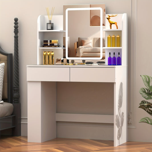 Kaptafel met LED Spiegel – 3 Lichtkleuren, Instelbare Helderheid – 2 Laden & 4 Opbergplanken, 90×40×135 cm – Modern Wit, Minimalistisch Ontwerp