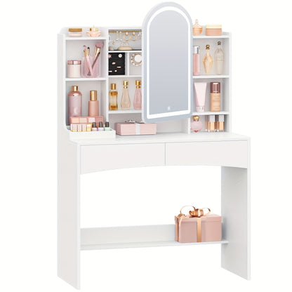 Kaptafel – Make-up tafel – Vanity – Cosmeticatafel – Opmaaktafel – Met LED-verlichting – 90 cm Werkblad – Verborgen Sieradenlade – Wit