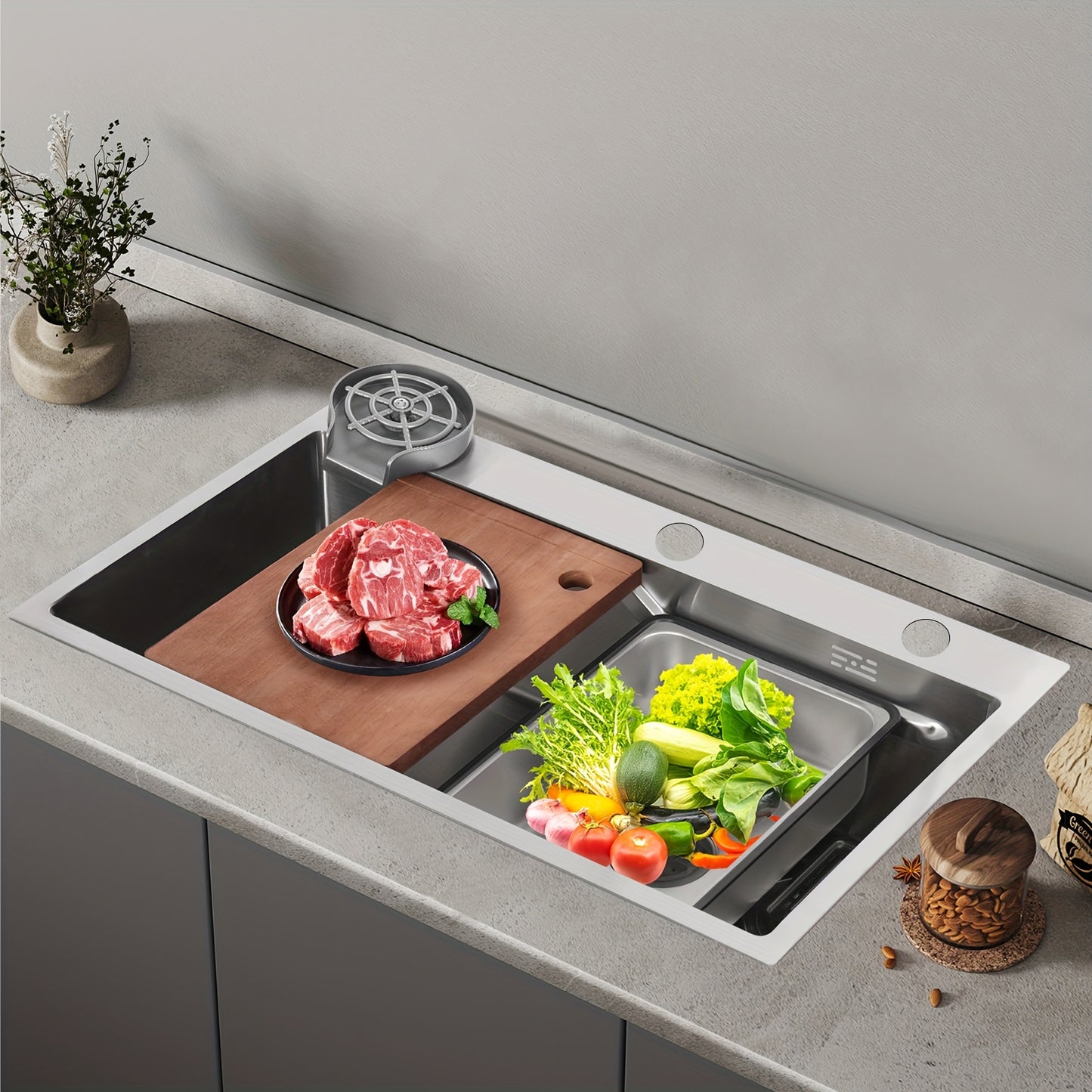 Spoelbak – Keukenspoelbak – RVS Wasbak – Inbouw Spoelbak – Multifunctionele Spoelbak – 304 RVS Met Nano-Coating – Inclusief Houten Snijplank & Afwateringsmand – 75x45x22 cm Silver