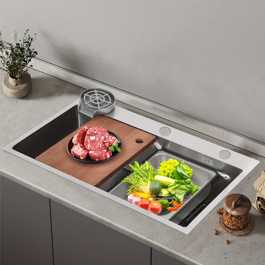 Spoelbak – Keukenspoelbak – RVS Wasbak – Inbouw Spoelbak – Multifunctionele Spoelbak – 304 RVS Met Nano-Coating – Inclusief Houten Snijplank & Afwateringsmand – 75x45x22 cm Silver
