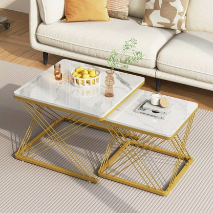 Salontafelset – Koffietafel – Bijzettafel – Woonkamertafel – Tafeltje – Glanzend Marmerlook – 2 Stuks Vierkant 60x60x45 & 45x45x40 cm – Verstelbare Poten, Max 30 kg Belastbaar