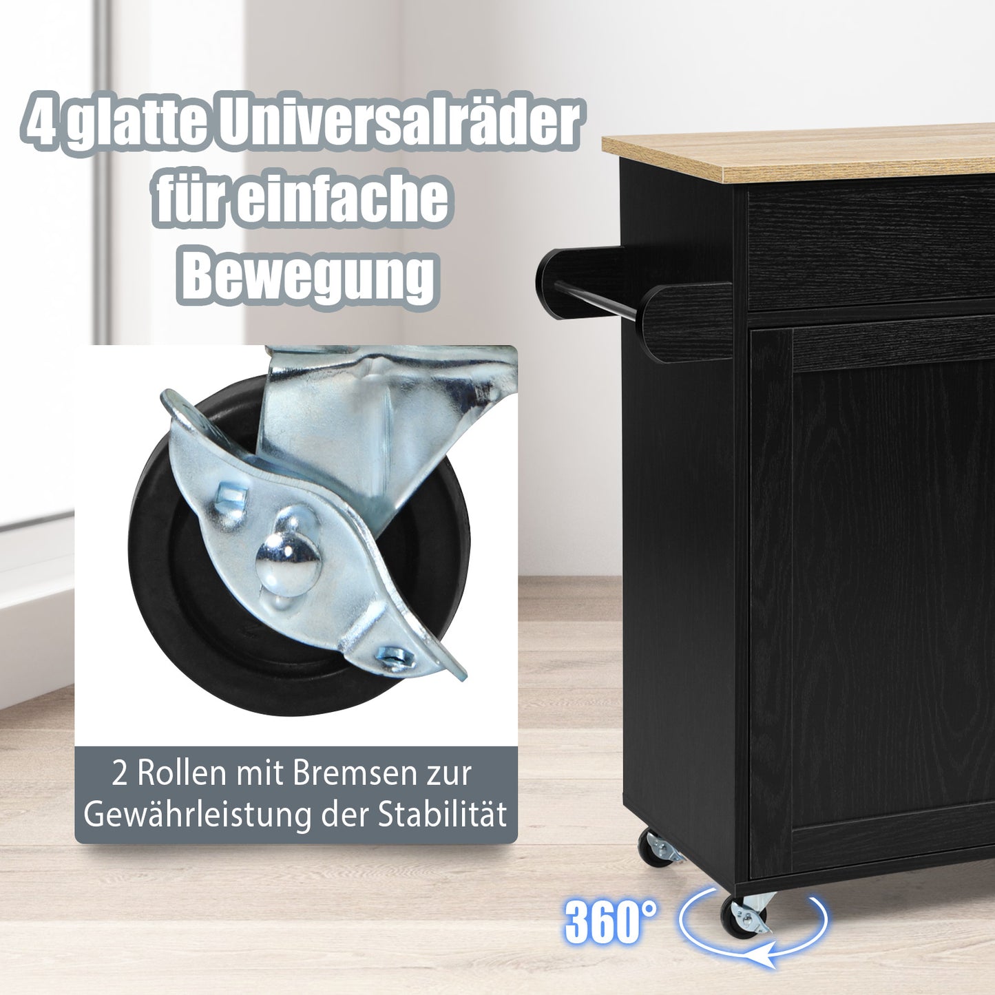 Keukentrolley – Serveerwagen – Keukenkast – Opbergtrolley – Keukenkar – Zwart – Met Handdoekhouder en Kruidenrek – Verstelbare Plank en Lade