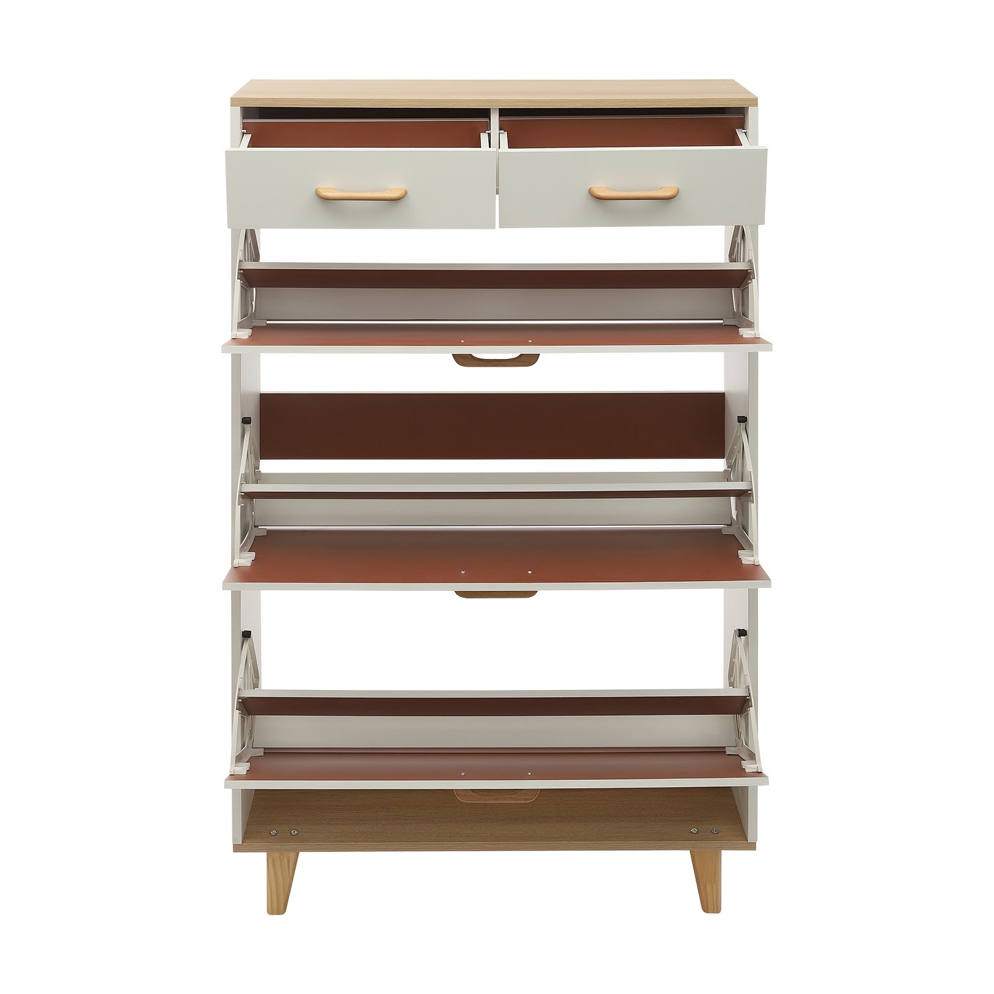 Schoenenkast – Schoenenrek – Schoenopberger – Schoenenkastje – Schoenenmeubel – Warm Wit Hout met Gouden Accenten – Ruim met 15 Paar Schoenen Capaciteit en Dubbele Lades