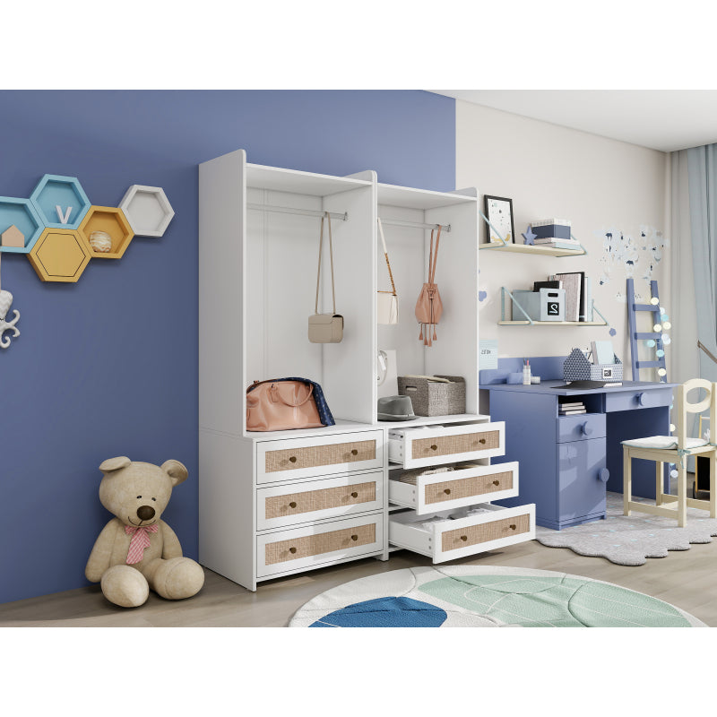 Boho Kast – Kledingkast – Opbergkast – Dressoir – Ladekast – Wit Met Rattan Accenten – 180 cm Hoog – MDF Met Melamine Coating