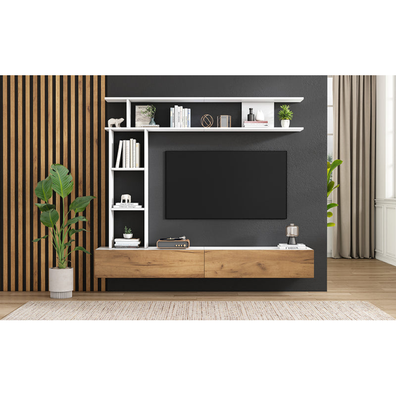 TV Meubelset – TV Meubel – Woonkamermeubel – Wandmeubel – Opbergkast – 180 cm breed – Wit en Hout – Geschikt tot 80 inch