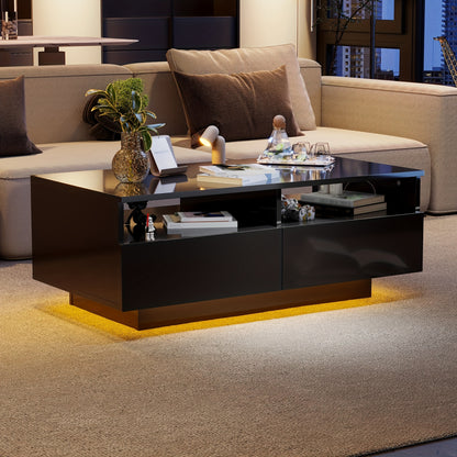 Hoogglans Salontafel – Koffietafel – Sofa Tafel – Woonkamer Tafel – Moderne Salontafel – Zwart – 2 Laden – Duurzaam Hout
