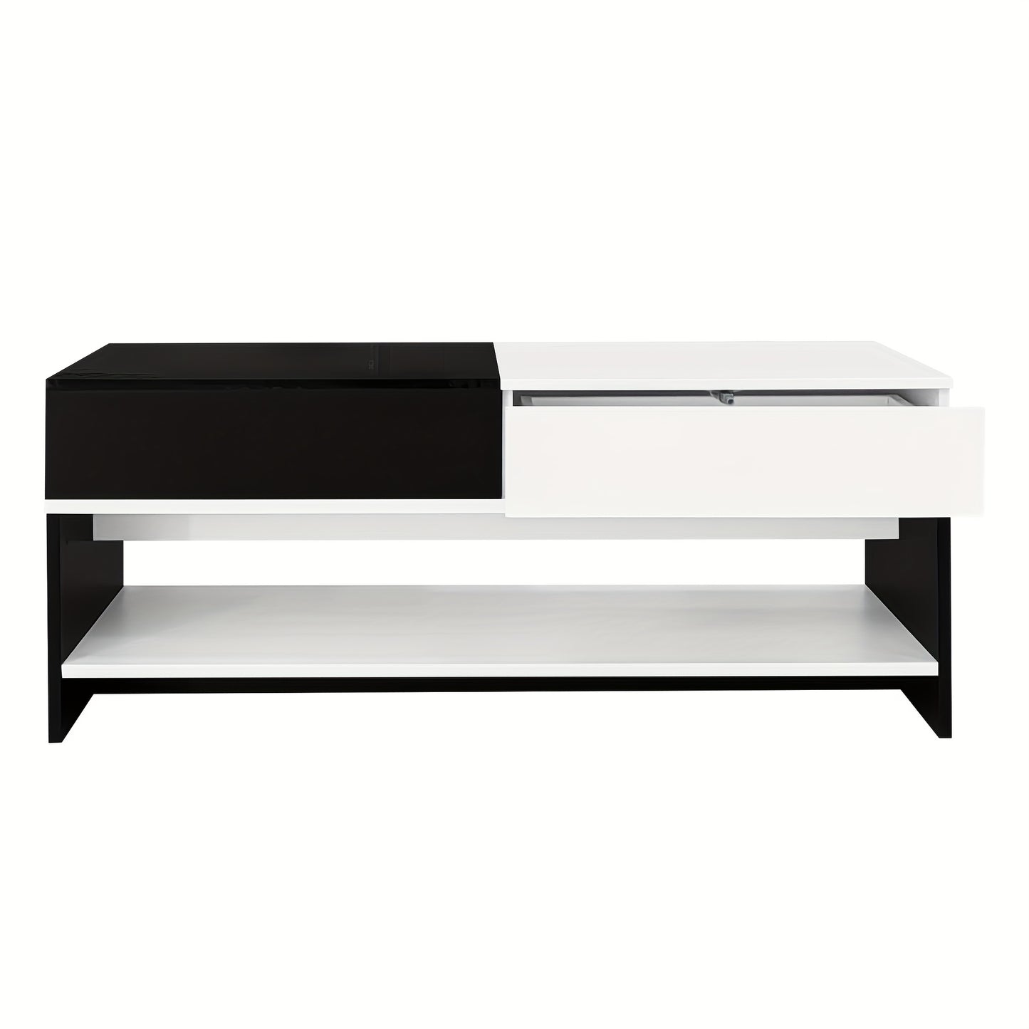 Modern Coffee Table with 2 Drawers - Black And White Design, Storage Space, High Gloss Table Top, 100cm Long