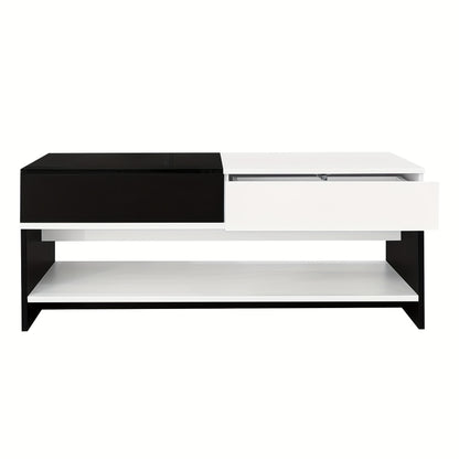 Modern Coffee Table with 2 Drawers - Black And White Design, Storage Space, High Gloss Table Top, 100cm Long
