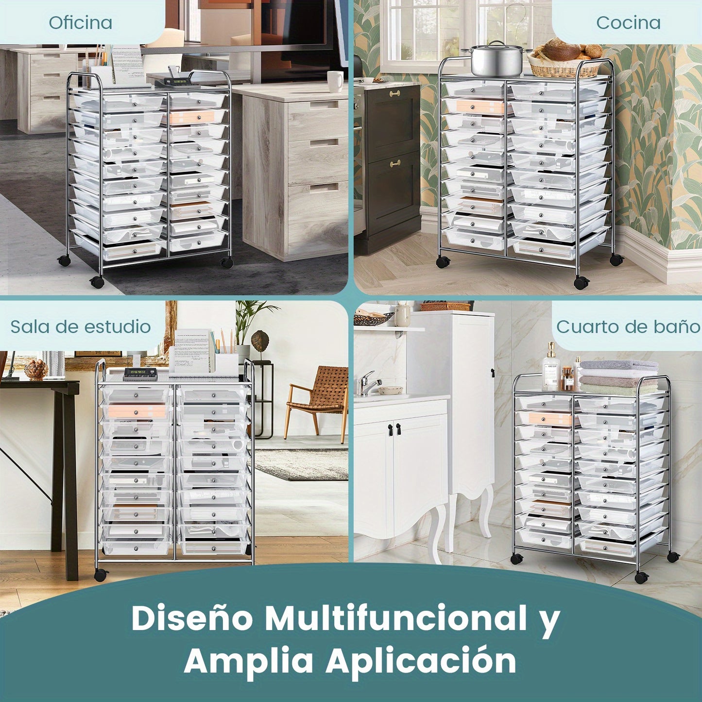 Mobiele Opbergtrolley – Opbergwagen – Ladeblok – Organisatiewagen – Rollende Opbergkast – 20 Lades – Organizer Bovenop – 4 Zwenkwielen Met Rem – Roestvrij Staal & Kunststof