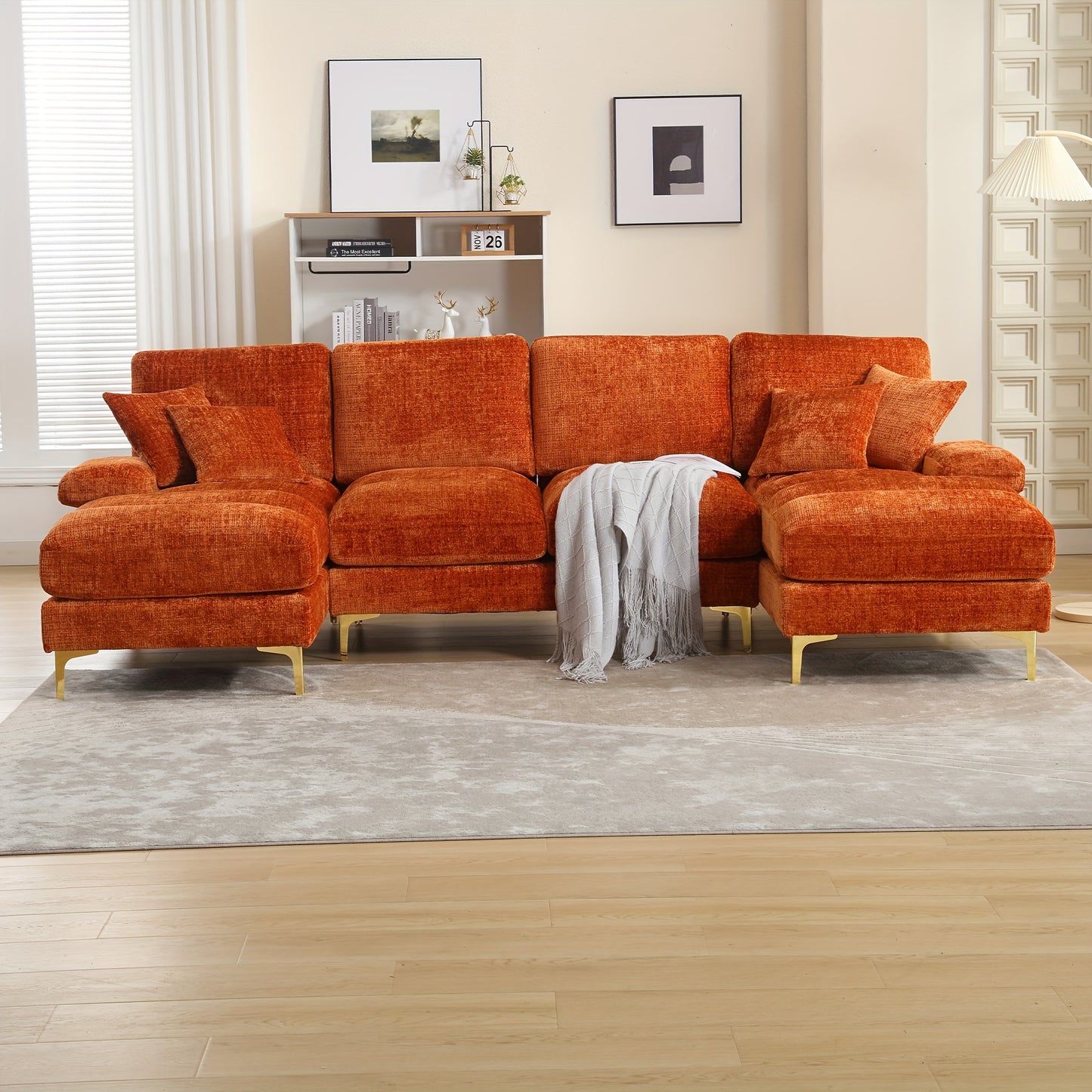 Hoekbank – Hoekbanken – U-bank – 4-zitsbank – Zitbank – Oranje Chenille – Dubbele Relaxzetels – Ruim U-vormig Design