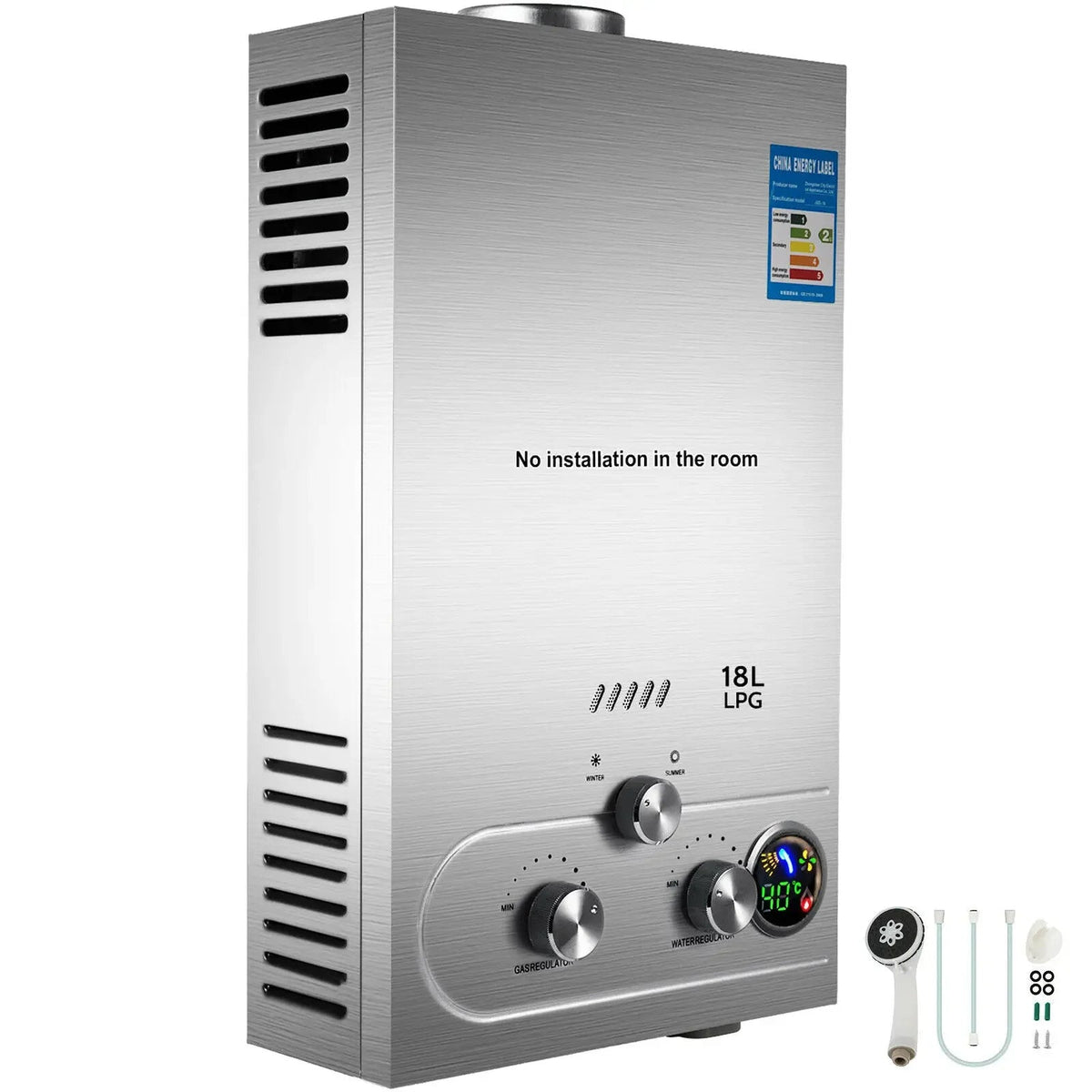 Vevor - Doorstroomverwarmer - 36KW - LPG - 18L/min - 2800Pa - Roestvrij staal - 18L - Residentieel en commercieel gebruik - Zilver - QUORE