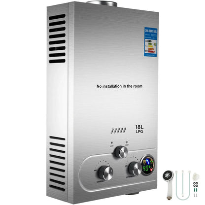 Vevor - Doorstroomverwarmer - 36KW - LPG - 18L/min - 2800Pa - Roestvrij staal - 18L - Residentieel en commercieel gebruik - Zilver - QUORE