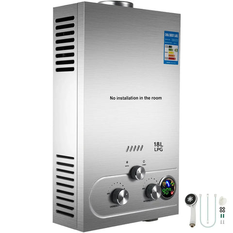 Vevor - Instantaneous water heater - 36KW - LPG - 18L/min - 2800Pa - Stainless steel - 18L - Residential and commercial use - Silver
