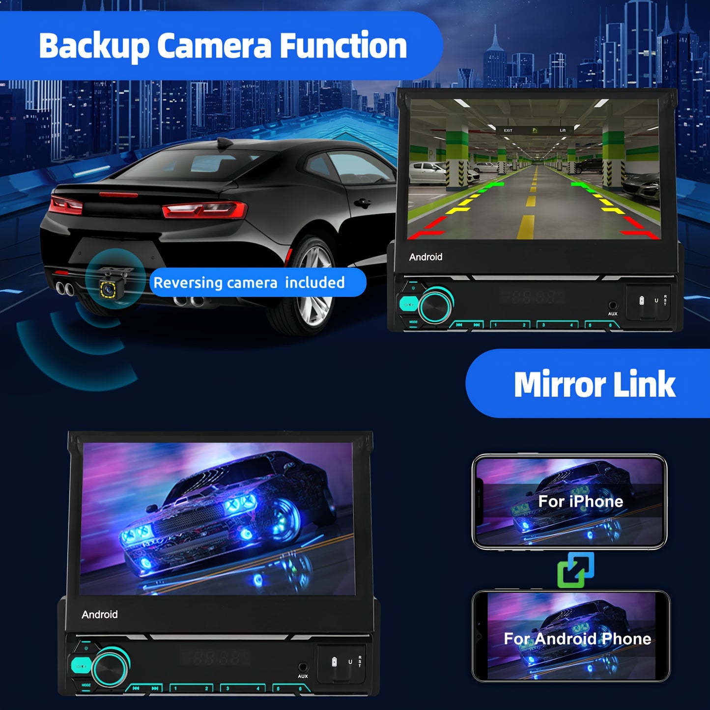 Autoradio – Multimedia Speler – Auto Stereo – 1 DIN Radio – Navigatiesysteem – Met Camera & Microfoon – 7 Inch Flip-Out Touchscreen – Android 14 Systeem met Draadloze CarPlay & Android Auto