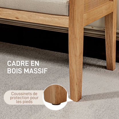 Woonkamerbank – Zitbank – Slaapbank – Bankje – Halbank – Rattan Armleuningen – Stevig Houten Frame – Comfortabele Linnen-look Bekleding – 120 cm Lang