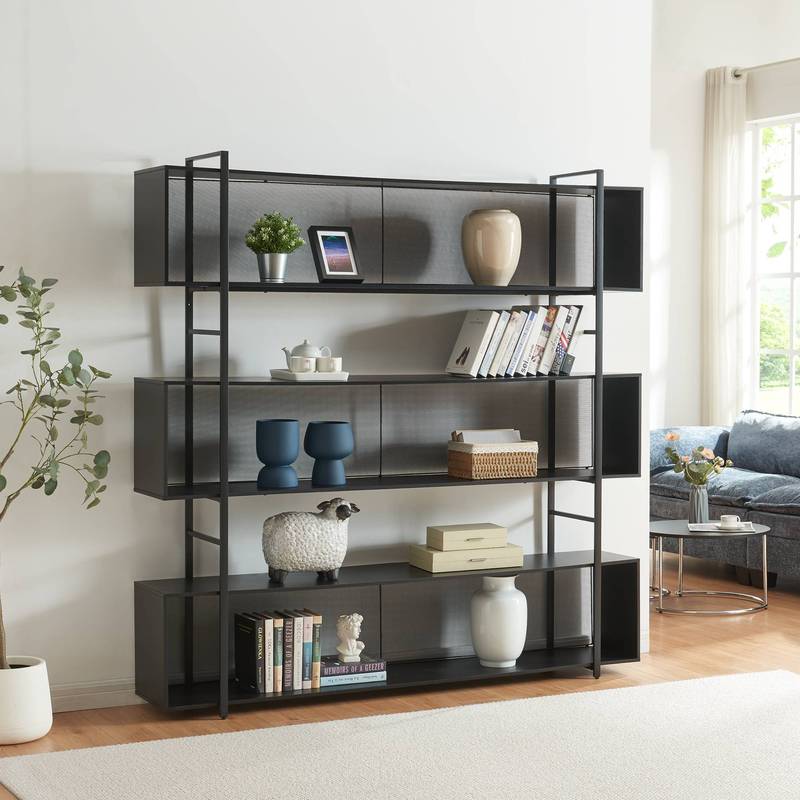 Boekenkast – Vakkenkast – Opbergkast – Open Kast – Wandrek – Zwart Metalen Frame – 3 Ruime Vakken – 180x180x33 cm