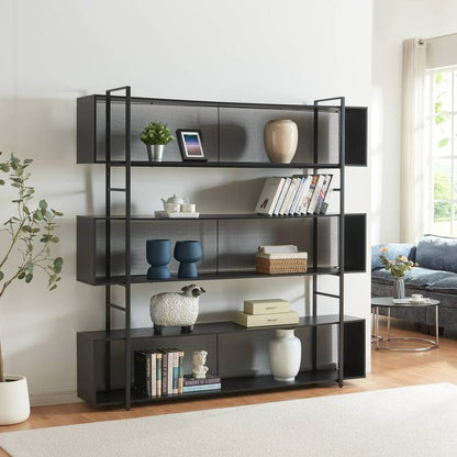 Boekenkast – Vakkenkast – Opbergkast – Open Kast – Wandrek – Zwart Metalen Frame – 3 Ruime Vakken – 180x180x33 cm