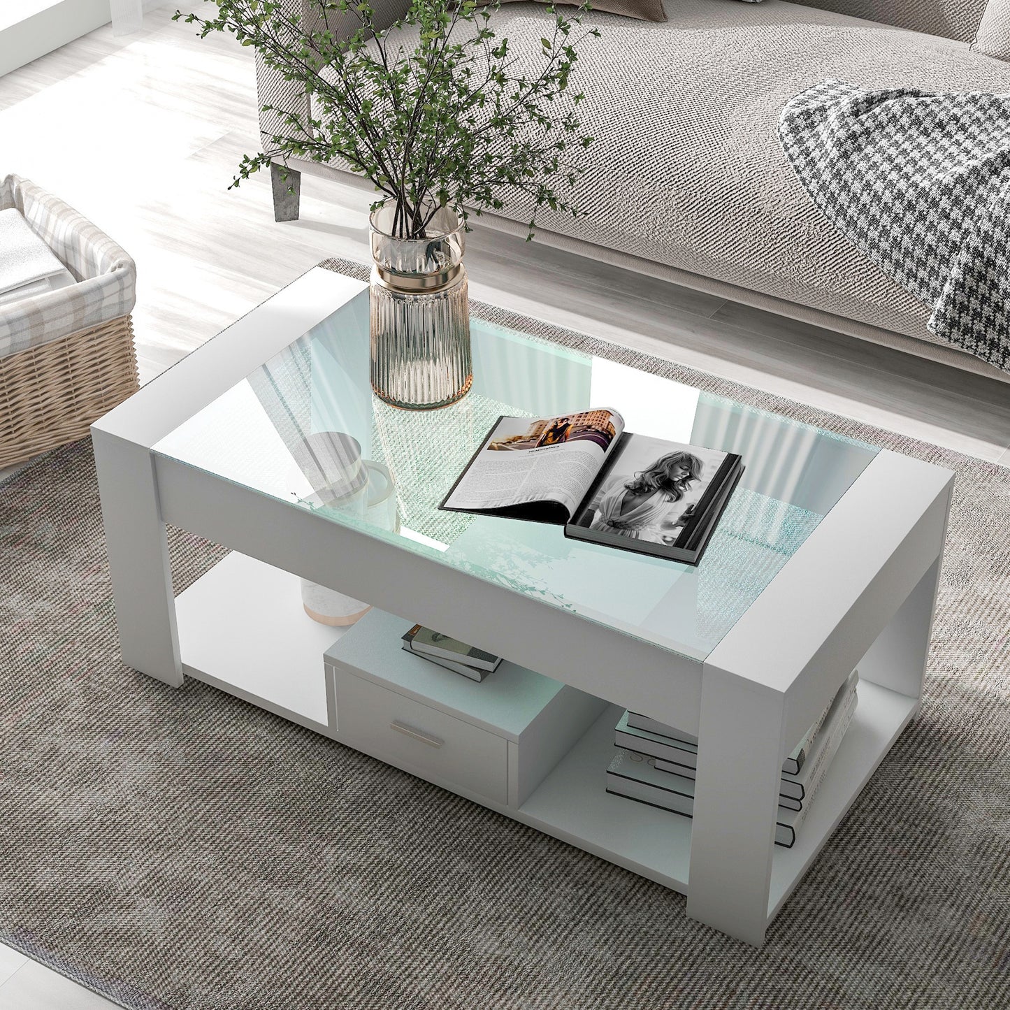 Salontafel – Tafel – Koffietafel – Woonkamertafel – Opbergtafel – Modern Wit Design – Glazen Blad Met Opbergruimte