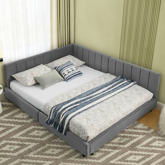 Tweepersoonsbed – Bedframe – Slaapbed – Logeerbed – Platformbed – Modern Hoog Hoofdbord – Stevig Bamboe Frame – Eenvoudige Montage – Ruimtebesparend – Grijs