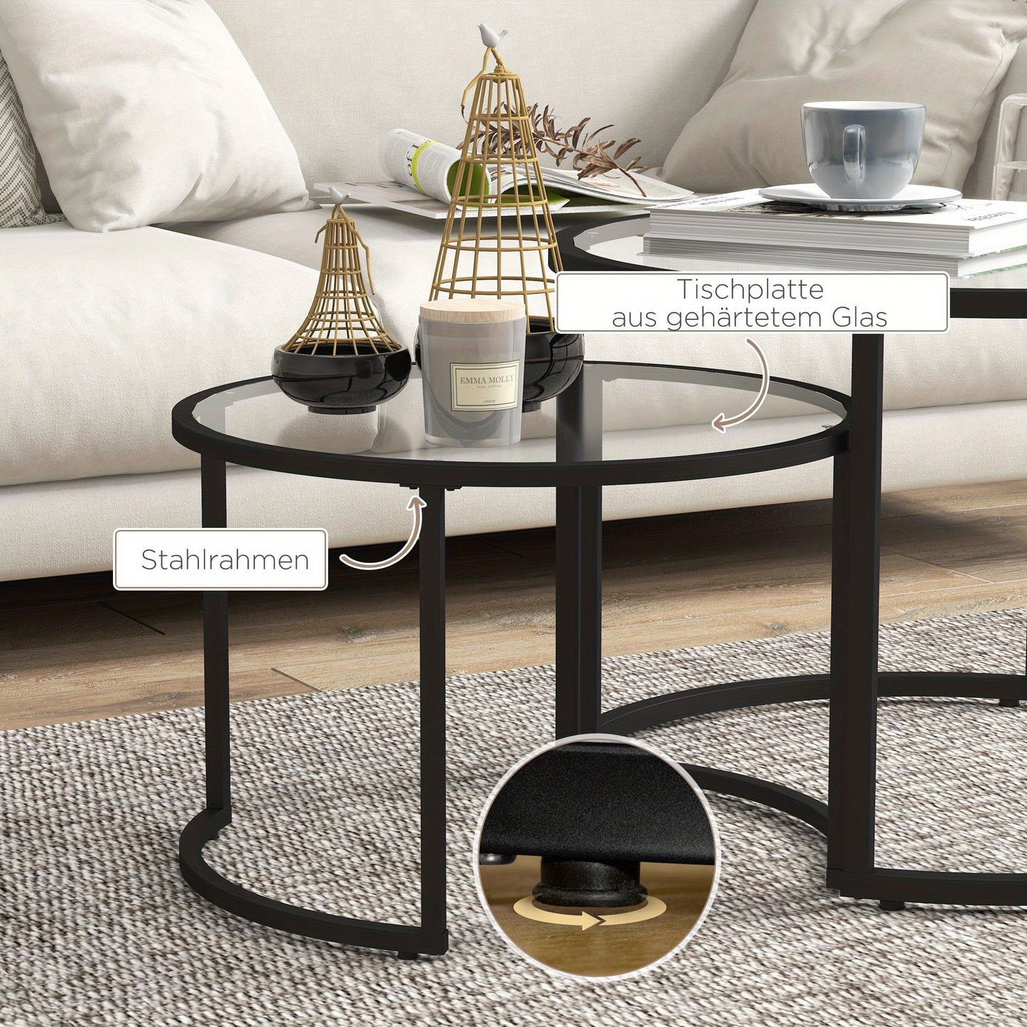 Bijzettafel Set – Salontafel – Side Table – Cocktailtafel – Tafeltje – Zwart Stalen Frame – Gehard Glasblad – Deels Stapelbaar – Voor Woonkamer & Lounge