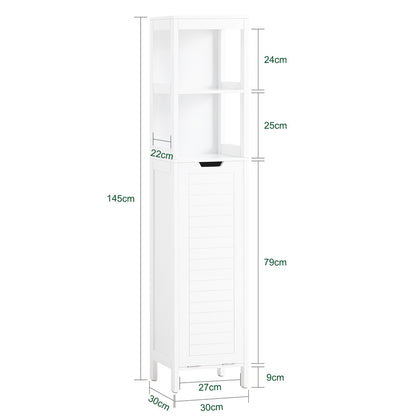 Badkamerkast – Kolomkast – Opbergkast – Smalle Kast – Vloerkast – Met Wasmand – 30x30x145 cm Wit – MDF & Bamboe