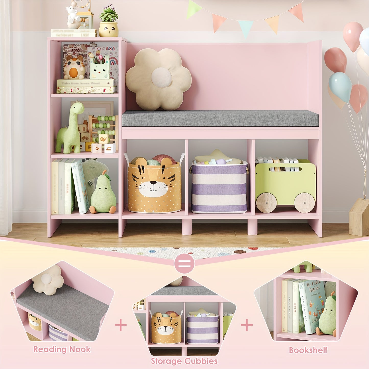 Boekenkast – Boekplank – Opbergkast – Speelgoedkast – Zitbank – Roze – 6 Kubussen – MDF Materiaal