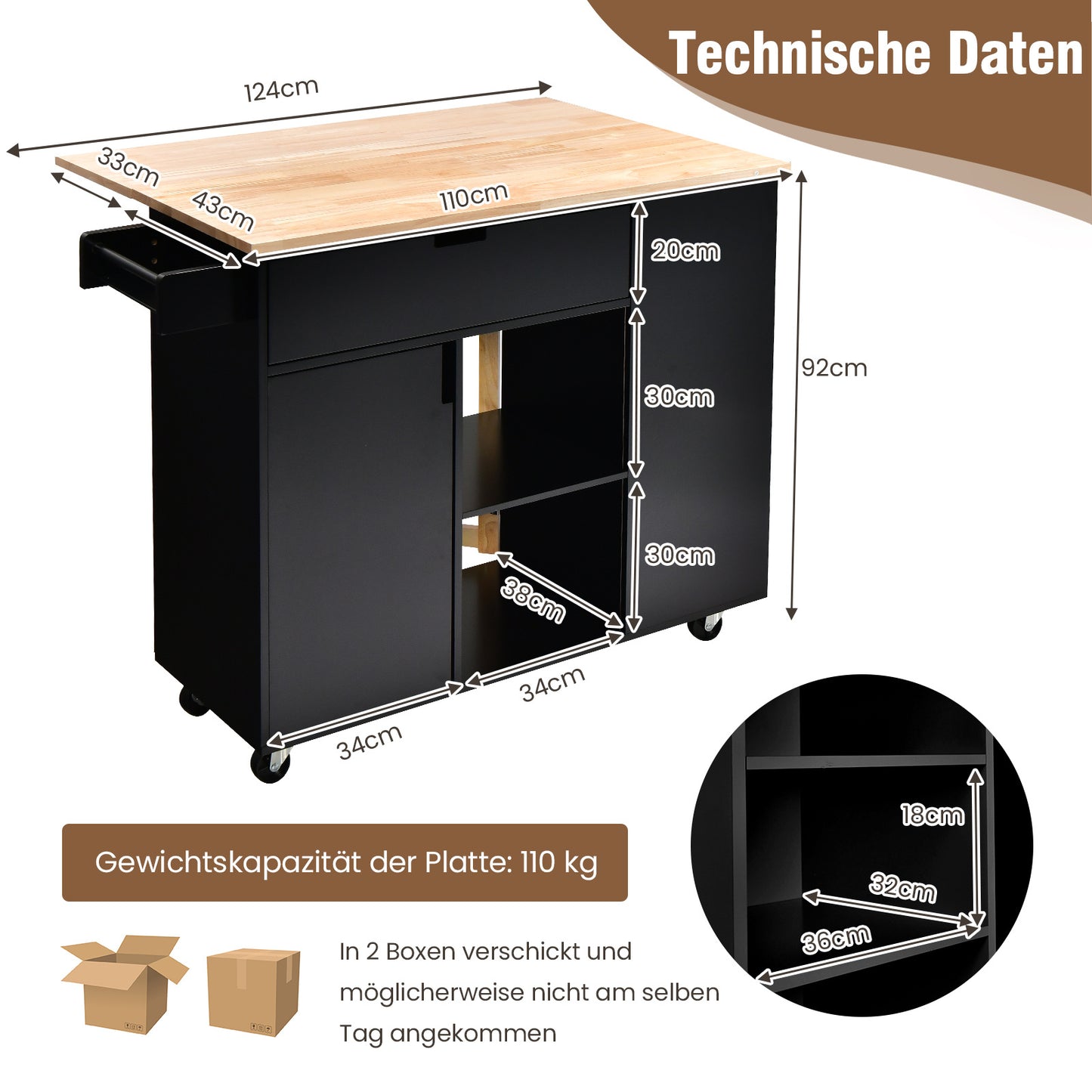 Keukentrolley – Keukenwagen – Serveerwagen – Keukenkar – Keukenmeubel – Uitklapbaar Werkblad – Zwart Hout