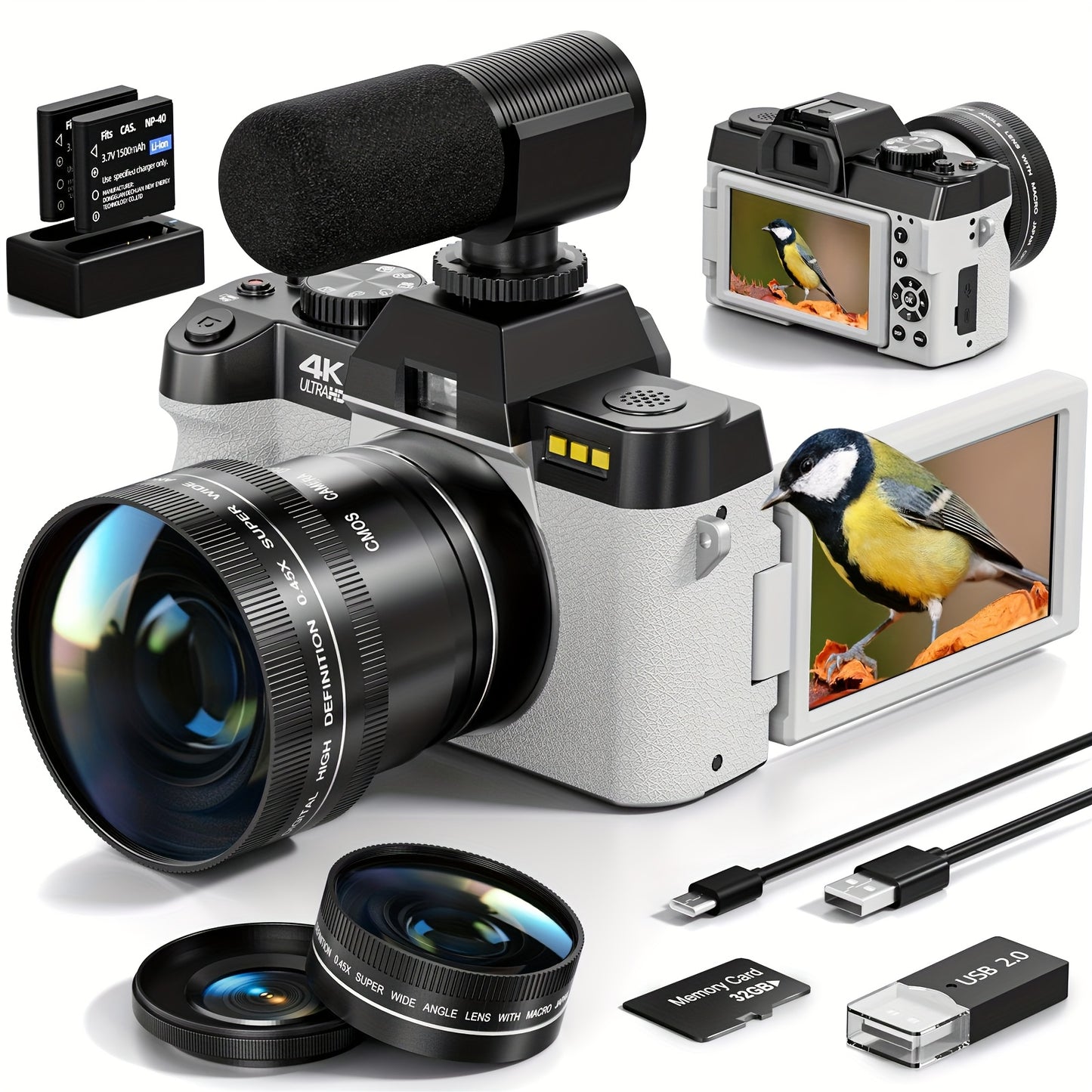 Digitale Camera – Fotocamera – Vlogcamera – 4K Camera – Compact Camera – 48MP Resolutie – 16x Zoom – WiFi & App Bediening – Anti-Shake Stabilisatie – Duale Batterijen – 32GB Geheugen – Wit