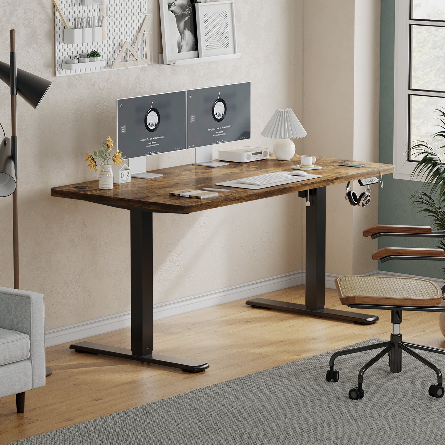 Verstelbaar Zit-Sta Bureau – Staand Bureau – Werkplek Tafel – Ergonomisch Bureau – Home Office Bureau – 60x100 cm – Stabiel Stalen Frame met Rustiek Houtnerf