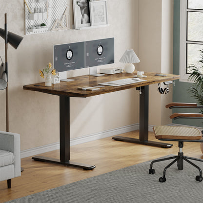 Verstelbaar Zit-Sta Bureau – Staand Bureau – Werkplek Tafel – Ergonomisch Bureau – Home Office Bureau – 60x100 cm – Stabiel Stalen Frame met Rustiek Houtnerf