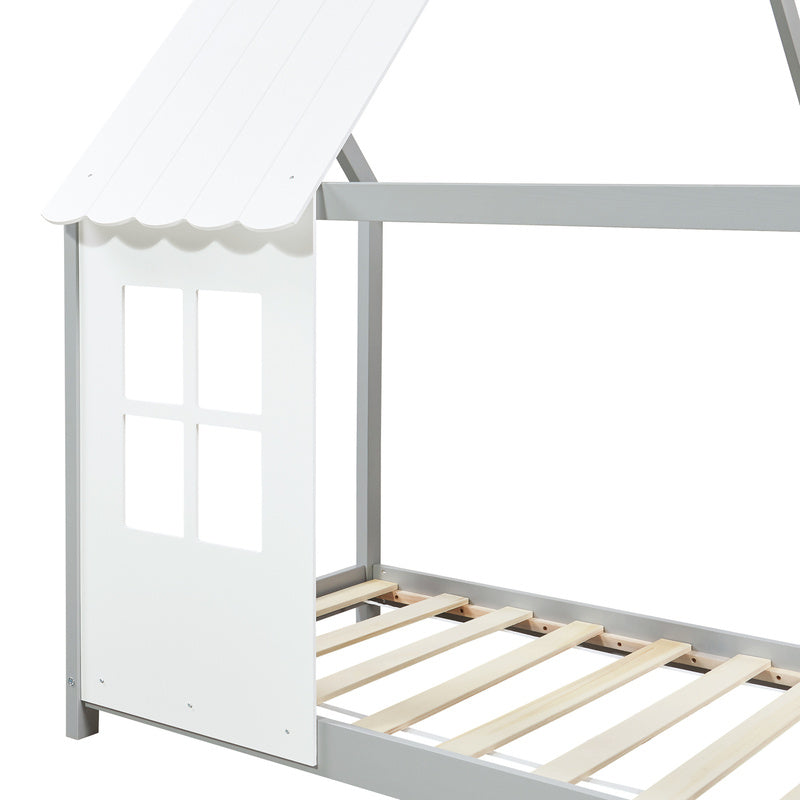 Kinderbed – Kinderbedden – Eenpersoonsbed – Huisbed – Stapelbed – Semi-open Dak – Massief Grenenhout – 140x200 cm Mintgroen/Wit