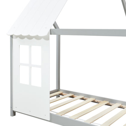 Kinderbed – Kinderbedden – Eenpersoonsbed – Huisbed – Stapelbed – Semi-open Dak – Massief Grenenhout – 140x200 cm Mintgroen/Wit