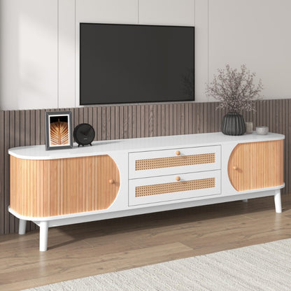 Wood Blend TV Meubel – TV Kast – TV Stand – Entertainment Unit – TV Dressoir – Rattan Zijkanten – Natuurlijke Landelijke Stijl – Met Deuren En Lades