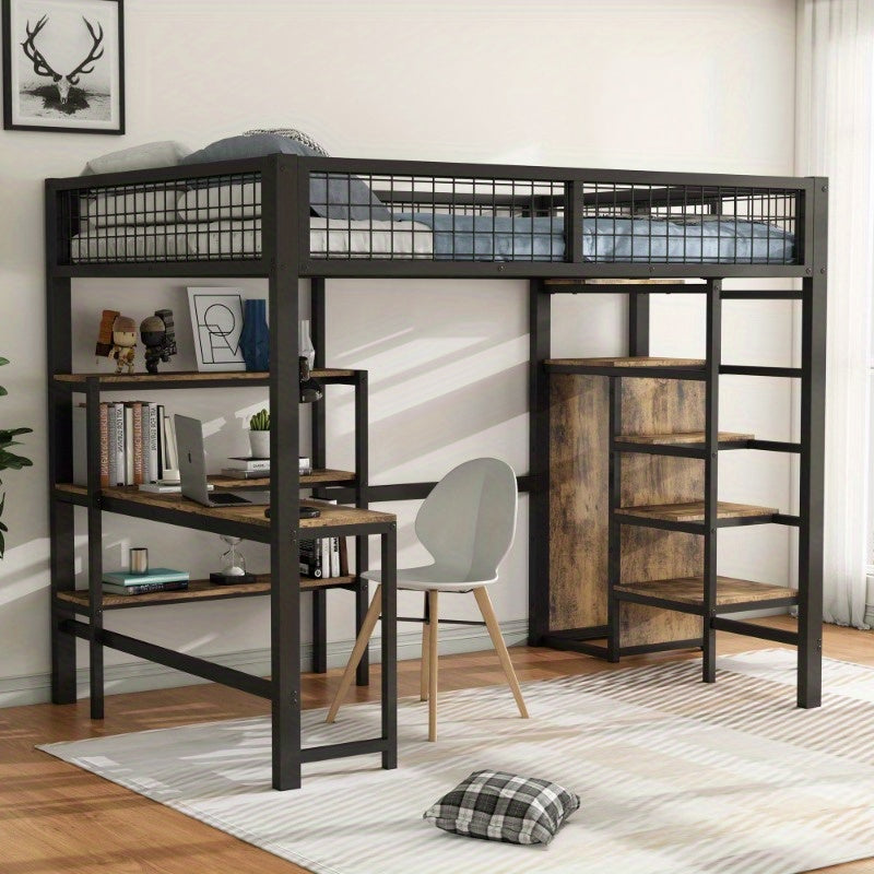 Hoogslaper – Stapelbed – Bedbank – Mezzanine Bed – Bed met Kast – Zwart + Bruin – 140x200 cm – Met Stabiel Metalen Frame