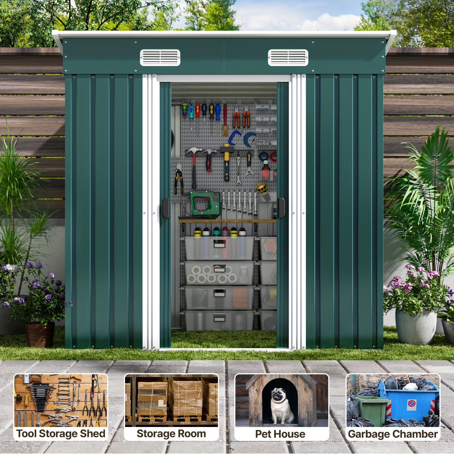Tuinhuisje – Tuinschuur – Berging – Gereedschapsschuur – Metaalberging – Gegalvaniseerd Staal – Ventilatiesysteem – 183x109x182 cm – Groen/Grijs