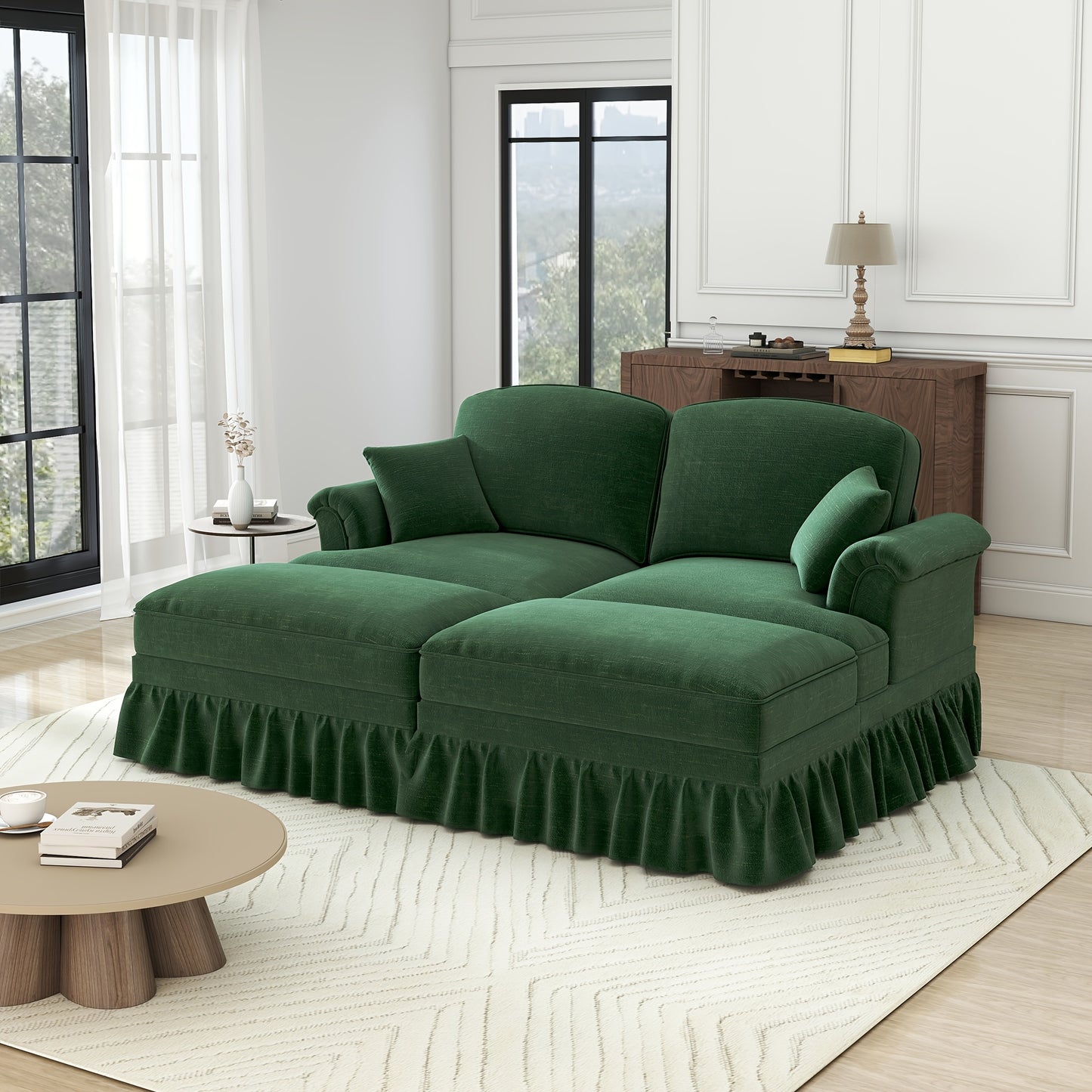 Chenille Slaapbank – Slaapbank Bedbank – Zitbank – Logeerbed – Slaapbank Groen – Zachte Chenille Stof – Losse Voetensteun & Afneembare Rok