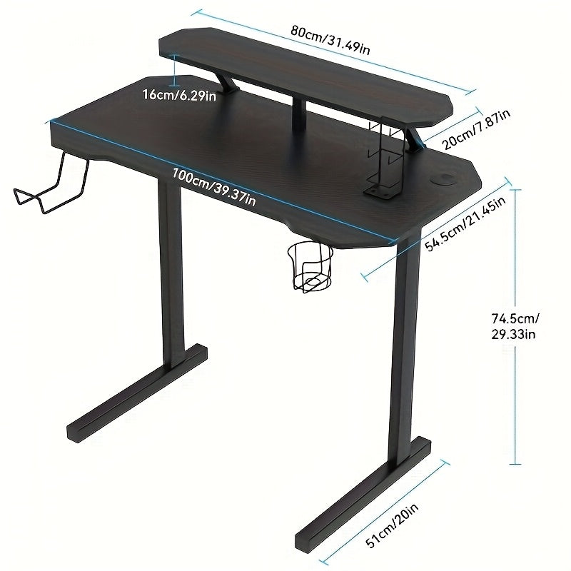 100x55x75cm Carbon Fiber Gaming Desk - Ergonomic Design with Dual Monitor Stand, Cup Holder & Headphone Hook, Multi-Platform Setup for PC, Laptop, Game & Office - Black Polished Metal, Ergonomic Office Desk, Sleek Workstation