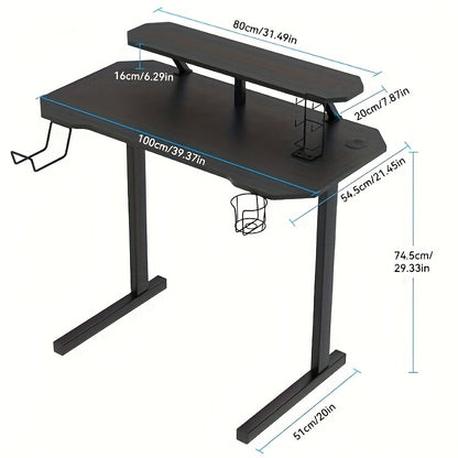 100x55x75cm Carbon Fiber Gaming Desk - Ergonomic Design with Dual Monitor Stand, Cup Holder & Headphone Hook, Multi-Platform Setup for PC, Laptop, Game & Office - Black Polished Metal, Ergonomic Office Desk, Sleek Workstation
