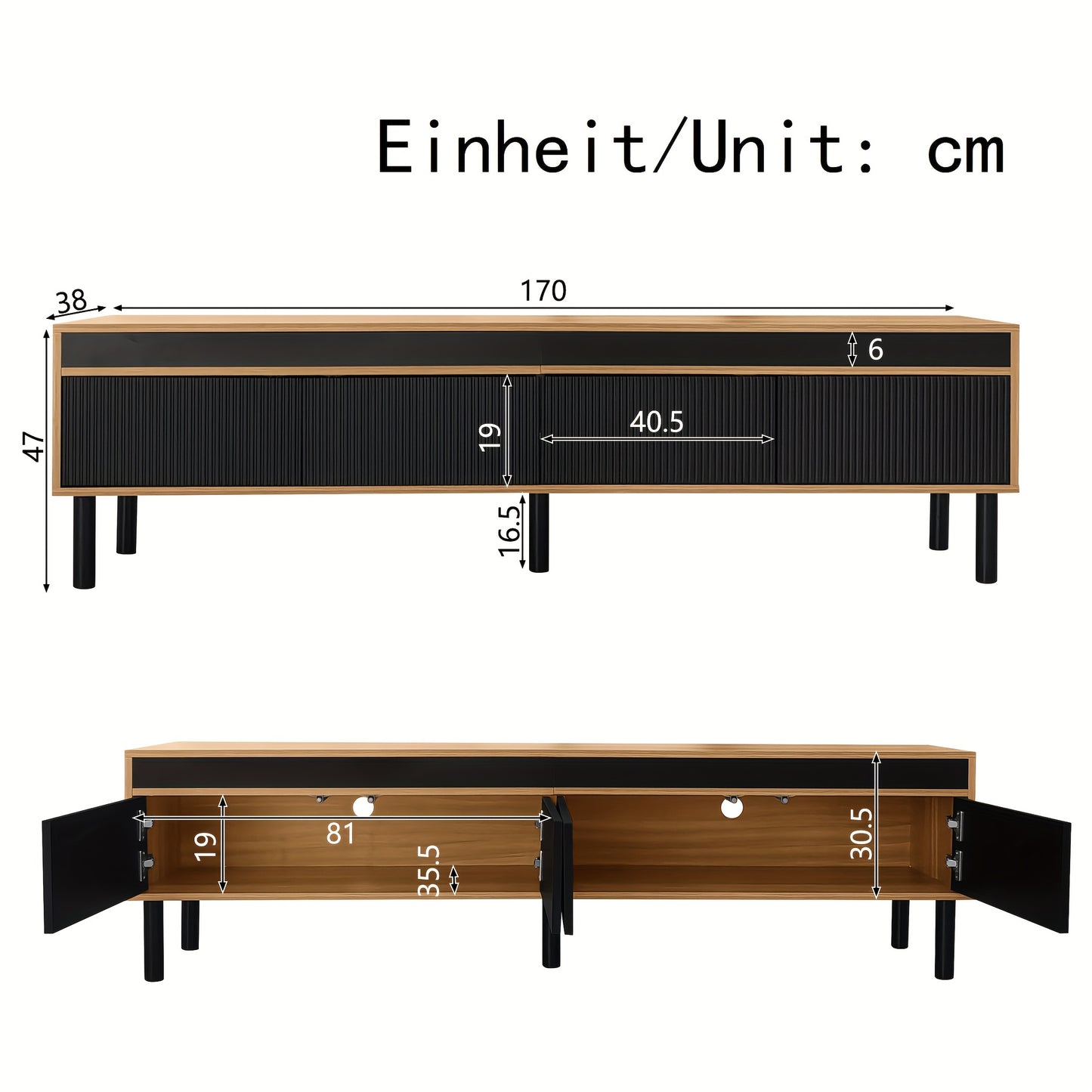 TV Cabinet, TV Stand, TV Panel, And Three-door Base Cabinet. Fine Texture. Available In Black And Natural Wood. Height 47 Cm/ Length 170 Cm/ Width 38 Cm- Heavy-Duty Construction, Spacious Storage, Minimalist Living Room Furni