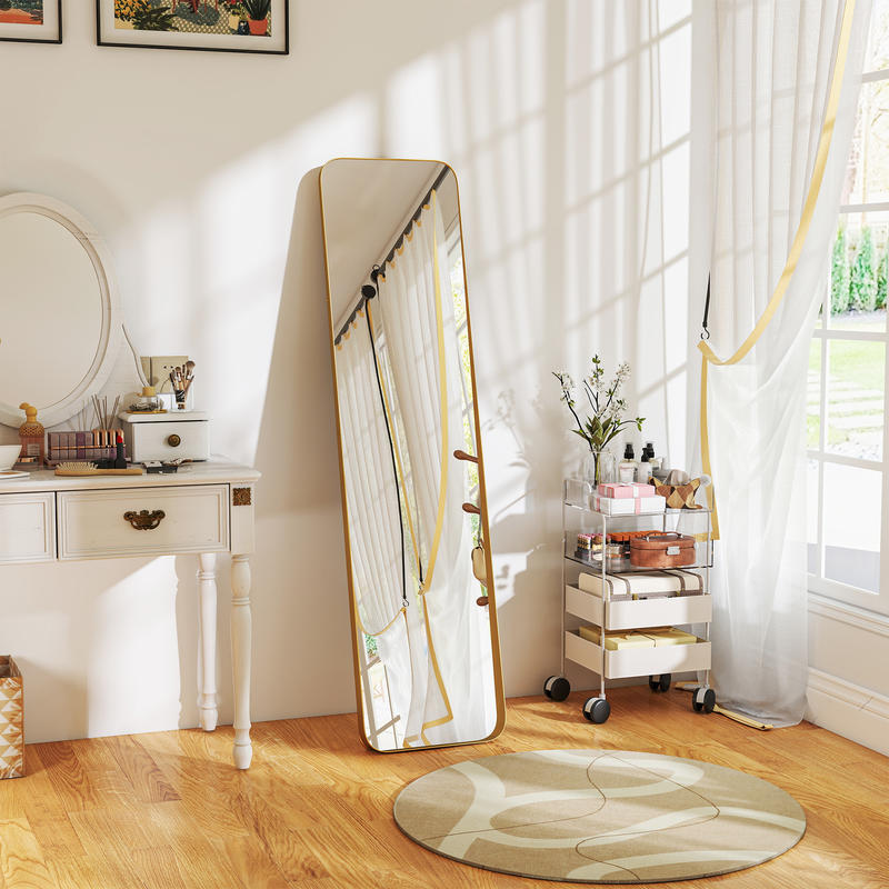 Full-Length Standing Mirror with Folding Frame - Freestanding or Wall-Mounted Large Floor Mirror with Sturdy Metal Frame & MDF Construction, Golden Finish, Space-Saving Vertical Design for Living Room, Dressing Room, Bedroom