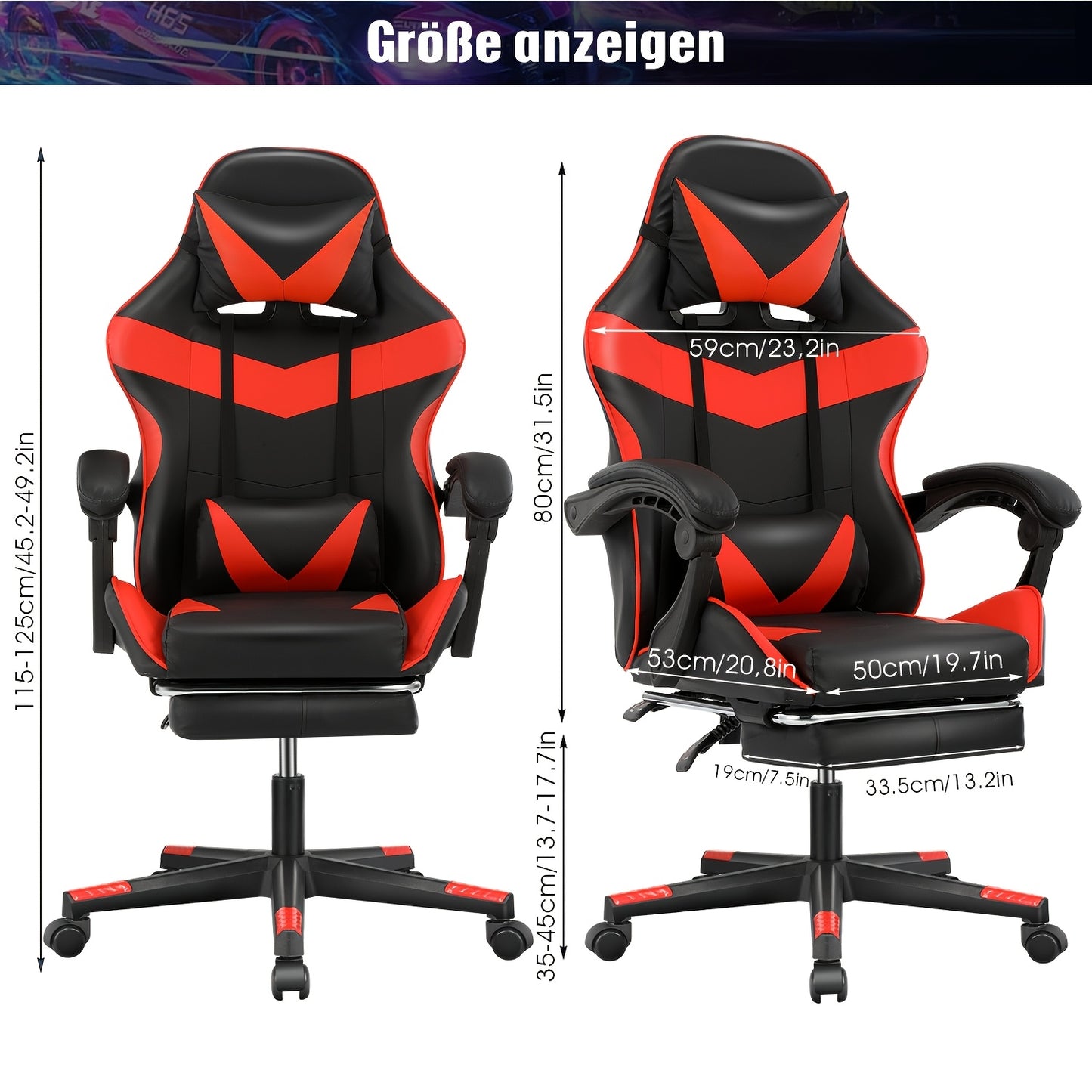 Gamingstoel – Gamestoel – Gaming Chair – Bureaustoel – Game Stoel – Ergonomisch – Verstelbare Hoogte & Voetsteun – 360° Draaibaar Met Rug- en Nekondersteuning – Zwart/ Rood