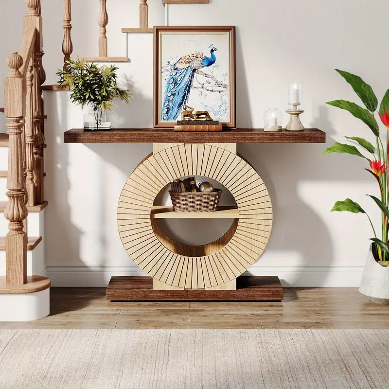 Console Tafel – Halltafel – Sofa Tafel – Entree Tafel – Accent Tafel – Modern Farmhouse – Massief Hout & Open Opbergruimte – Walnootbruine Afwerking – Stevige Ronde Basis – 39.3 Inch