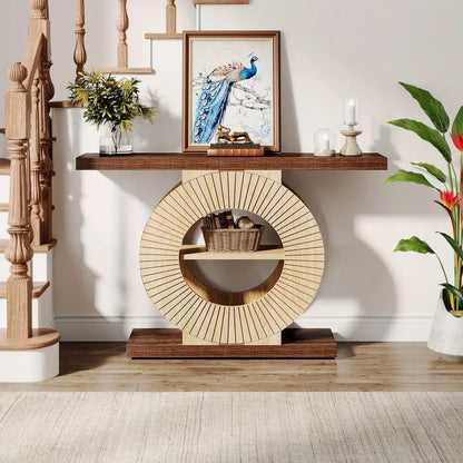Console Tafel – Halltafel – Sofa Tafel – Entree Tafel – Accent Tafel – Modern Farmhouse – Massief Hout & Open Opbergruimte – Walnootbruine Afwerking – Stevige Ronde Basis – 39.3 Inch